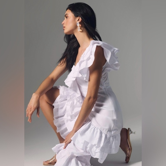 NWT CELIA B Ezili One-Shoulder Tiered Ruffle Dress White S - Picture 3 of 16
